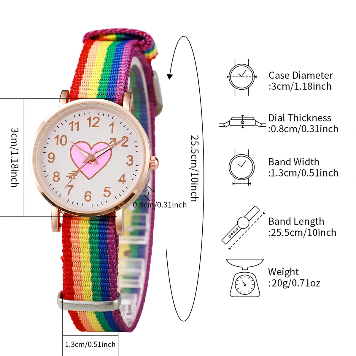 Pinchaqui.cl® Reloj de Mujer con Esfera de Corazón a la Moda y Pulseras Arcoíris